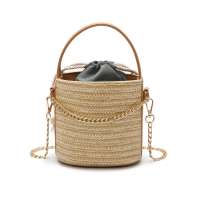 Fashion Style Handmade Chains Cross-Body Bag Hand-Knitted Fabrics Women Straw Bucket Bag